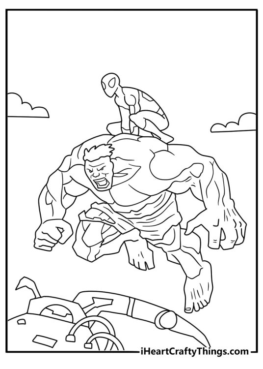 Spidey Hulk coloring page with Hulk and Spidey chasing a robot through the street
