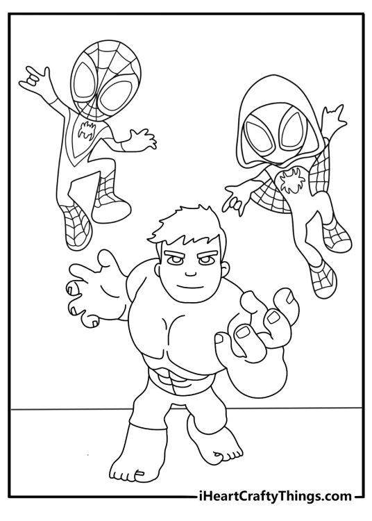 Spidey and friends Hulk coloring page with Hulk next to Spin and Ghost Spider