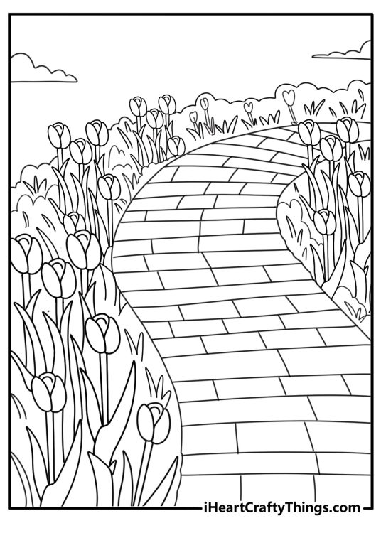 Spring garden path lined with tulips printable coloring sheet