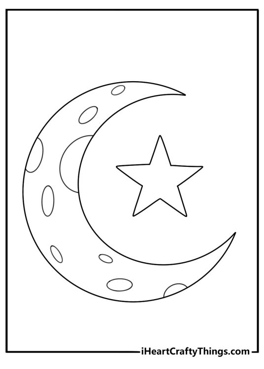 Star coloring page with a five pointed star over a crescent moon