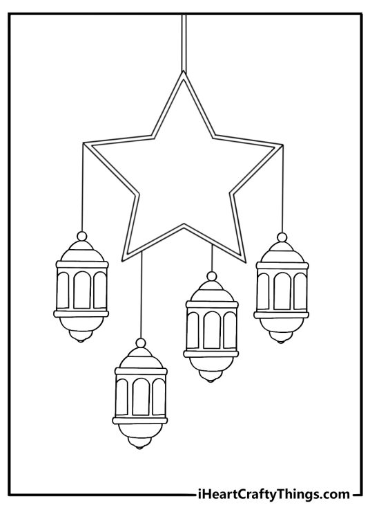 Star coloring page with a night lantern hanging beside a large star