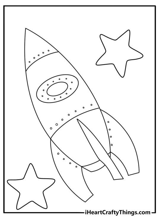 Star coloring pages scene with a rocket flying past a large star