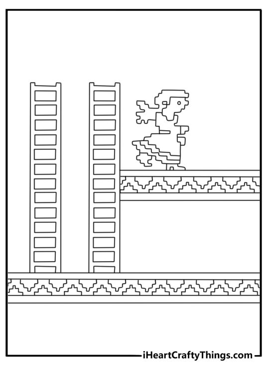 Super Mario Donkey Kong coloring page with Pauline on a platform calling for help