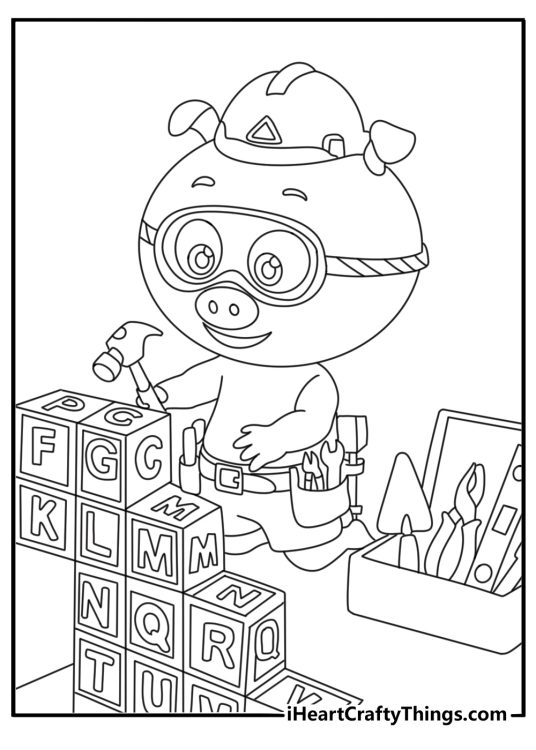 Super Why coloring page showing Alpha Pig building letters with alphabet tools