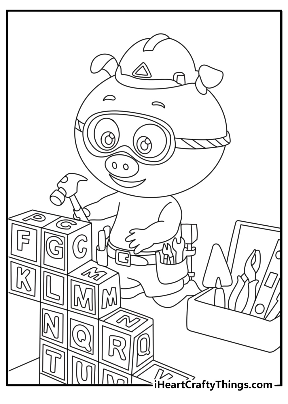 Super Why coloring page showing Alpha Pig building letters with alphabet tools