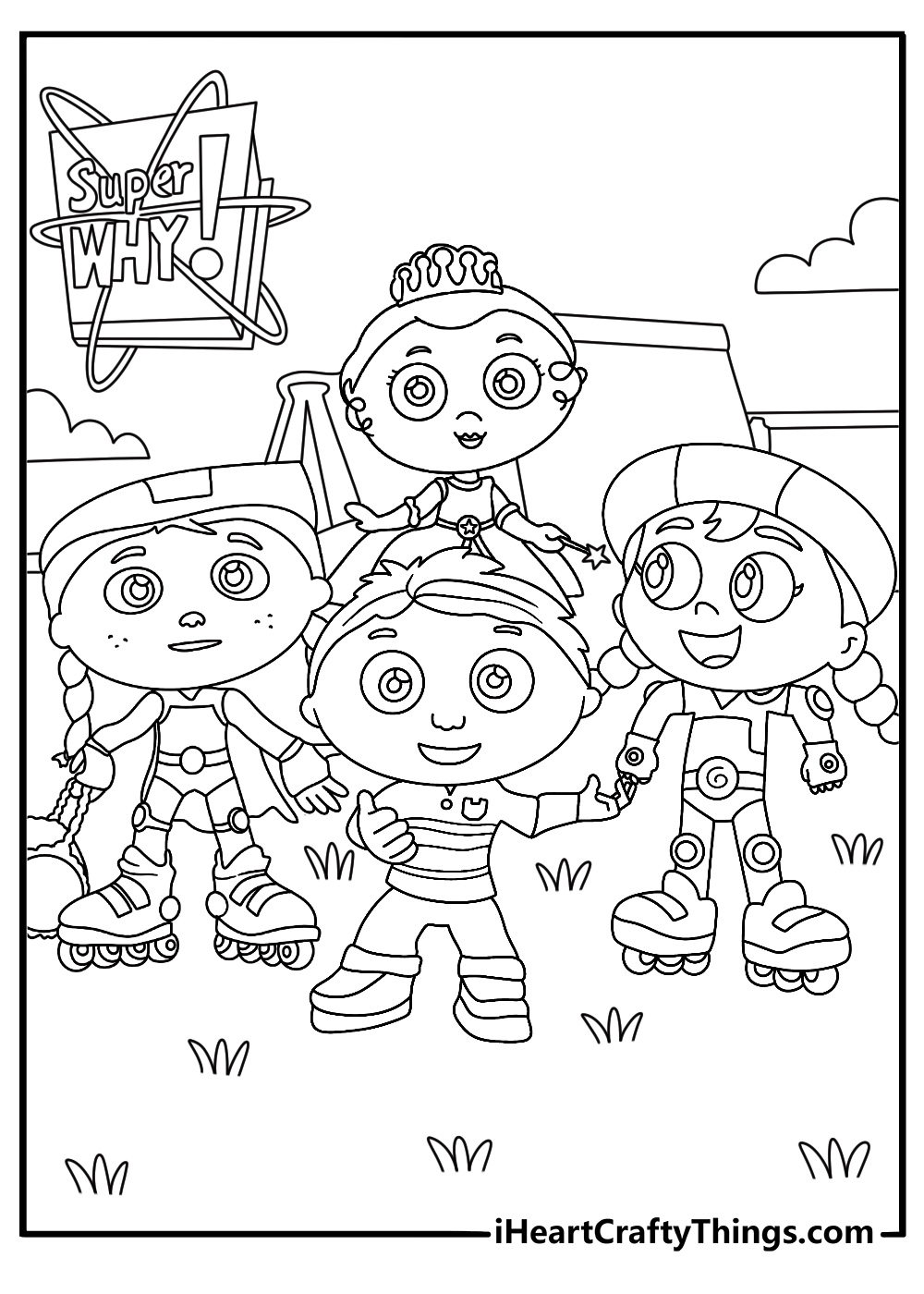 Super Why coloring pages scene featuring the team inside Storybrook Village