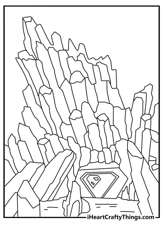 Superman coloring page for adults with the Fortress of Solitude and ice crystals
