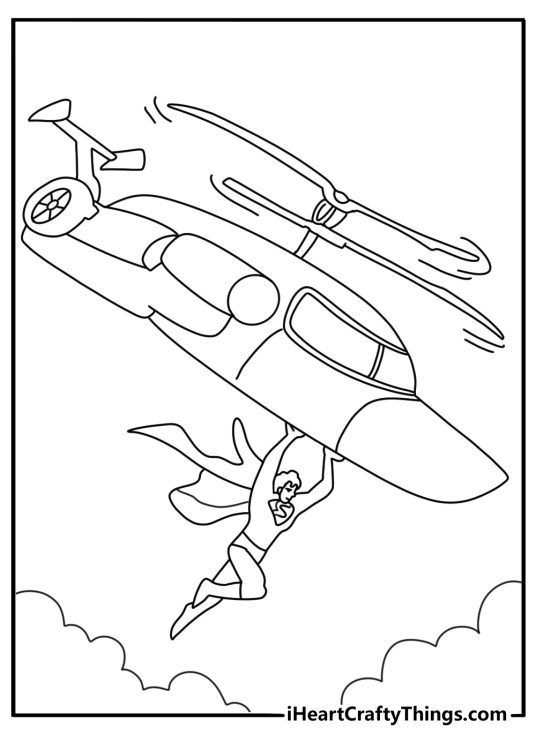Superman coloring page for kids with the hero catching a falling helicopter