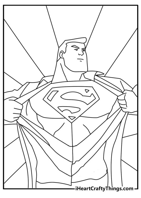 Superman coloring page with Clark Kent opening his shirt to reveal the S shield