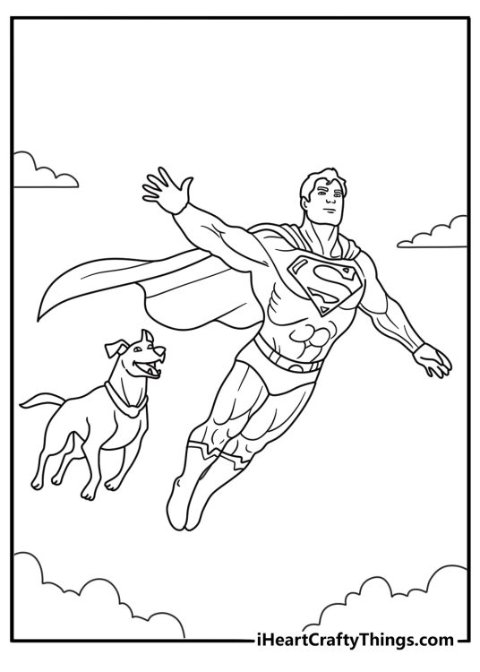 Superman coloring page with Krypto flying beside the hero above clouds