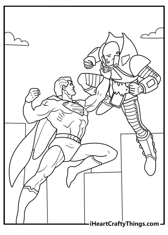 Superman coloring page with Lex Luthor in power armor facing the hero