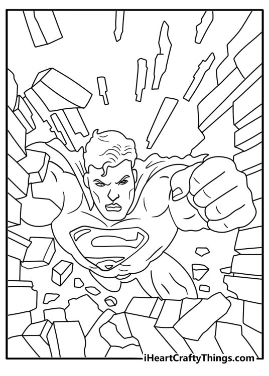 Superman coloring page with the hero breaking through a wall of bricks
