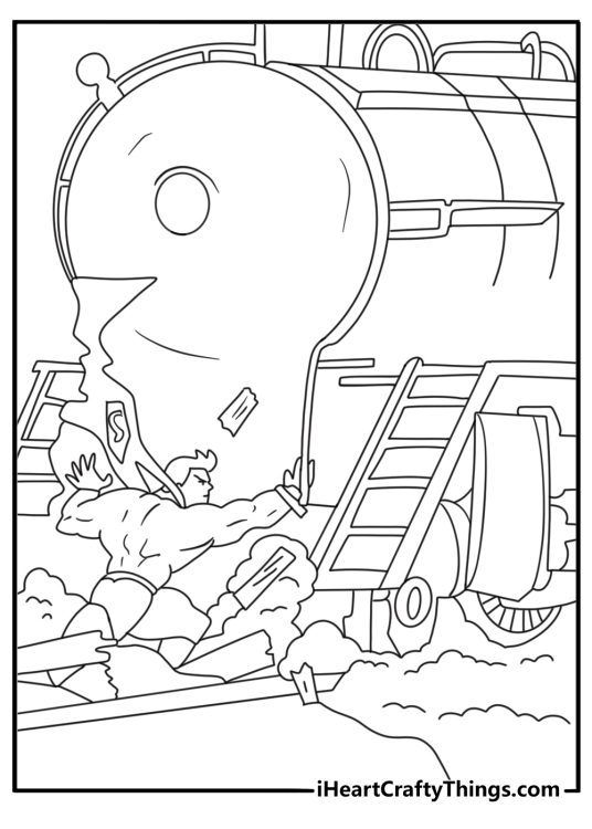 Superman coloring sheet with the hero stopping a train on the tracks
