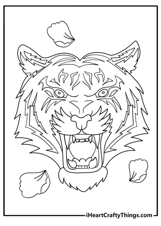 Tattoo coloring book page with a tiger face framed by peony petals