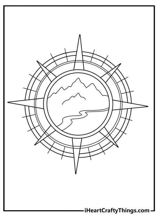 Tattoo coloring page with a compass and mountain range