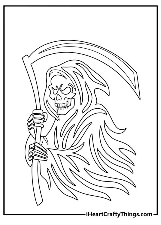 Tattoo coloring page with a grim reaper carrying a scythe