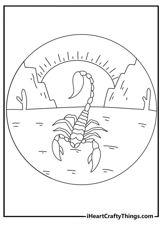 Tattoo coloring sheet with a scorpion under desert sun