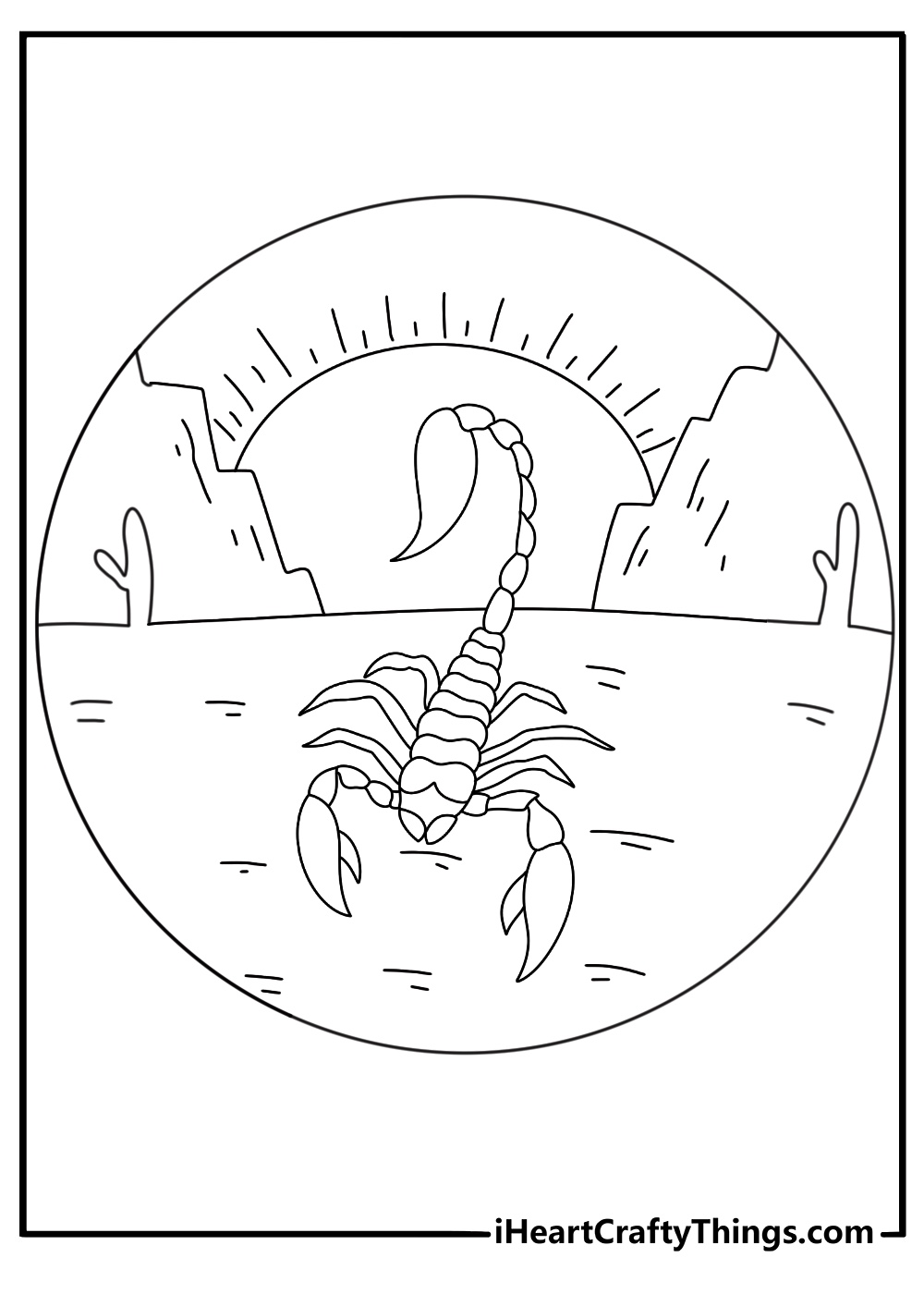 Tattoo coloring sheet with a scorpion under desert sun