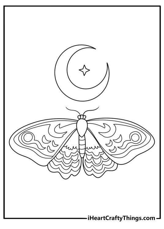 Tattoo design coloring page with a moth above a crescent moon