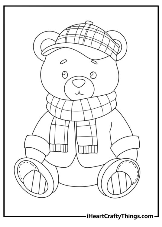 Teddy Bear coloring page presenting teddy bear dressed with cute hat boots and coat ready for winter