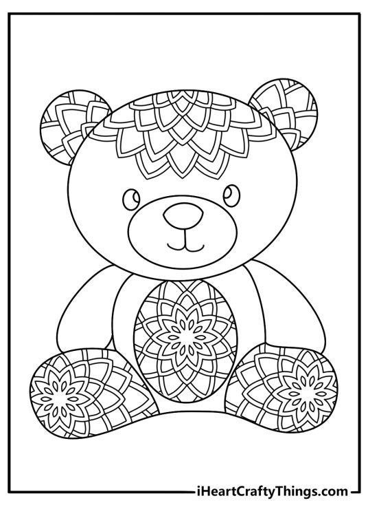 Teddy bear coloring page for adults with mandala shapes around a teddy bear