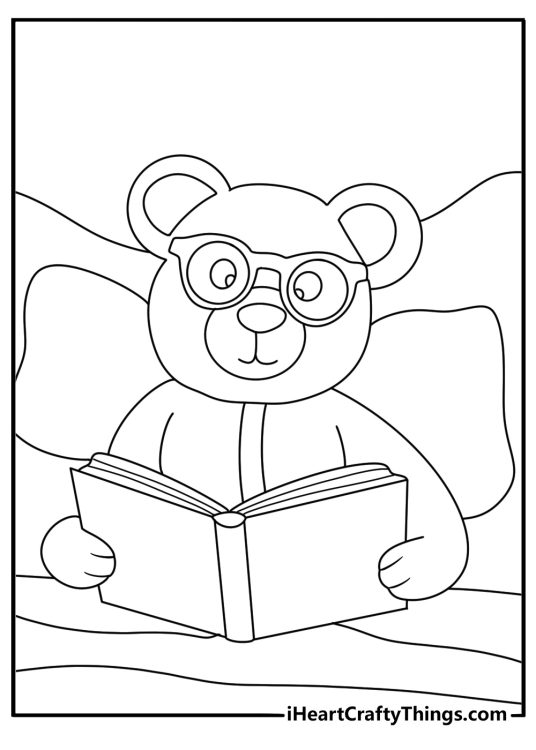 Teddy bear coloring page for kids with a teddy bear reading a bedtime book