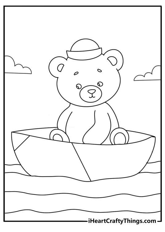 Teddy bear coloring page with a bear floating in a paper boat