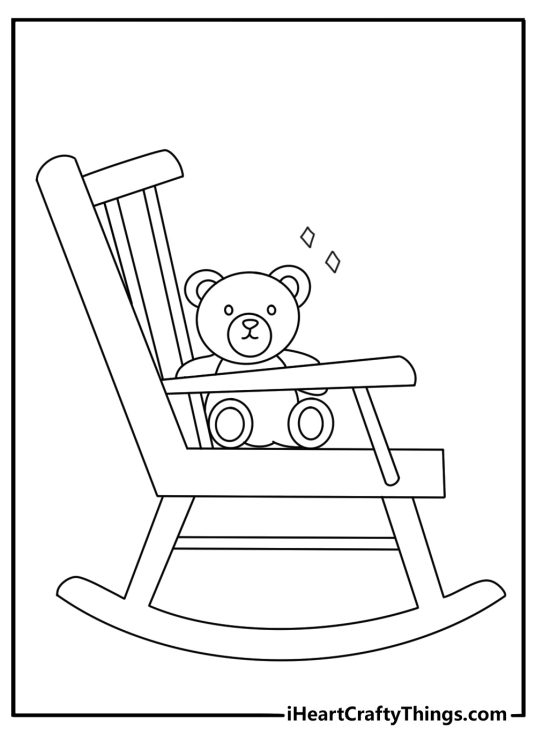 Teddy bear coloring page with a bear sitting in a rocking chair