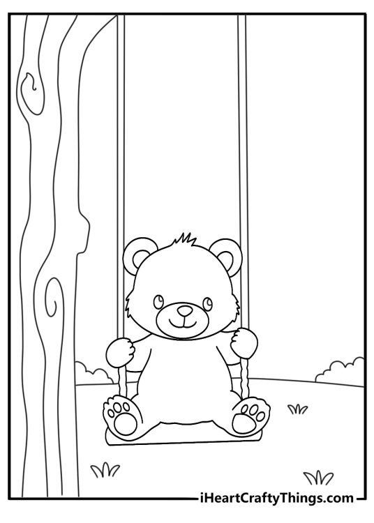Teddy bear coloring page with a bear sitting on a swing under a tree