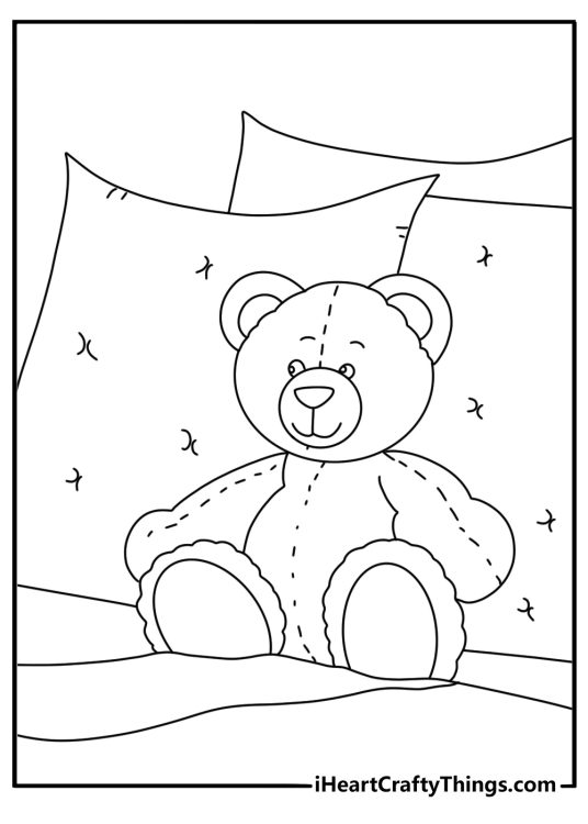 Teddy bear coloring page with a teddy bear sitting on a bed beside pillows