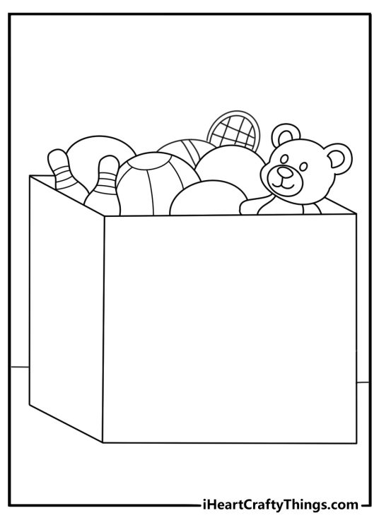 Teddy bear coloring pages for kids with a bear peeking from a toy chest