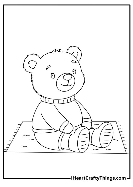 Teddy bear coloring pages for toddlers with a big soft bear on a rug