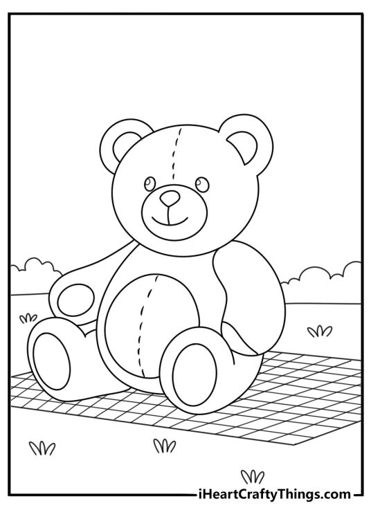 Teddy bear coloring pages scene with a teddy bear picnic on a blanket