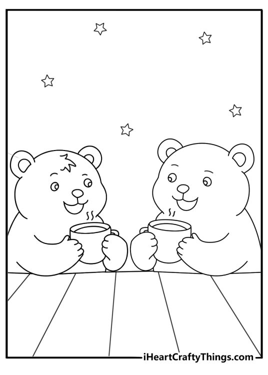 Teddy bear coloring pages scene with two bears sharing a tea set
