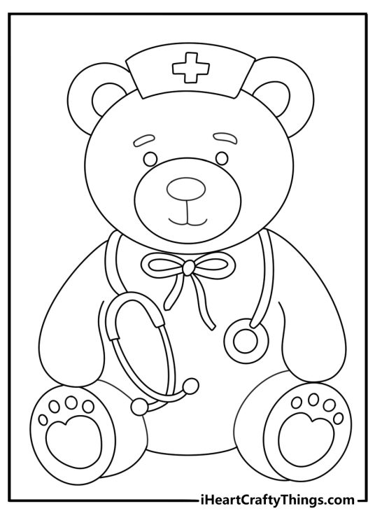 Teddy bear coloring pages with a teddy bear dressed as a nurse