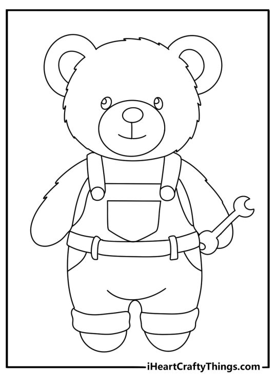 Teddy bear coloring printable with a bear wearing overalls near a toolbox