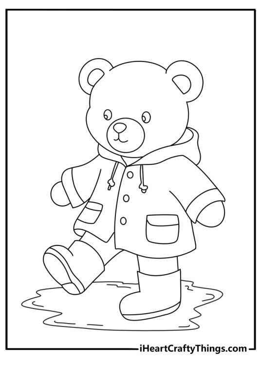 Teddy bear coloring printable with a bear wearing rain boots near puddles