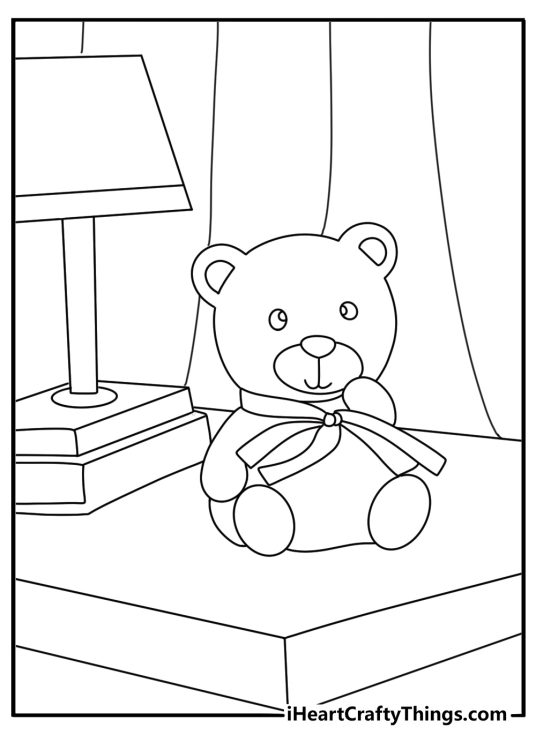 Teddy bear coloring printable with a teddy bear beside a night lamp
