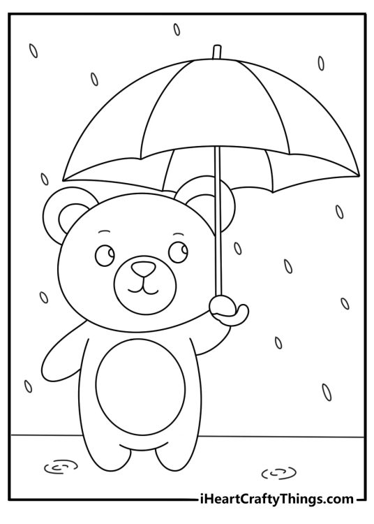 Teddy bear coloring sheet with a bear holding a tiny umbrella in rain