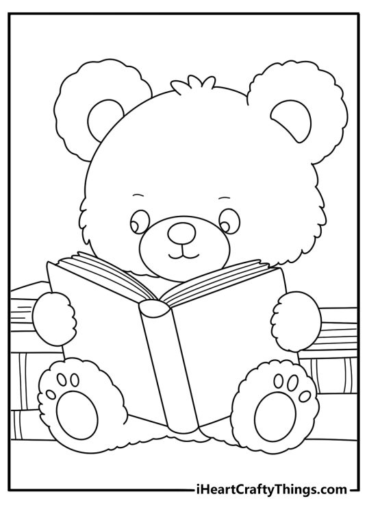 Teddy bear coloring sheet with a bear sitting beside a stack of storybooks