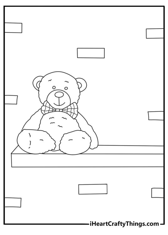 Teddy bear coloring sheet with a teddy bear on a toy shelf