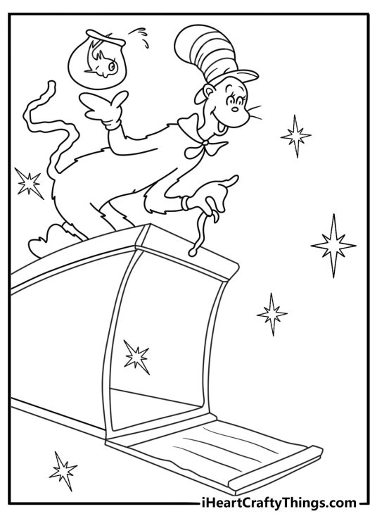 The Cat opens his magic box in this detailed coloring sheet