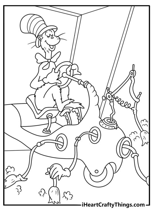 The Cat rides a cleaning machine through the house in this detailed coloring page