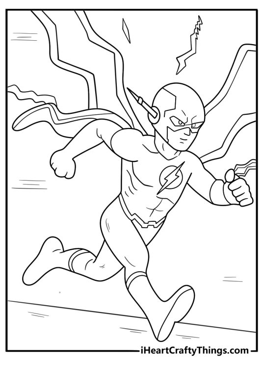 The Flash easy superhero coloring sheet for kids showing speedster racing with lightning trail