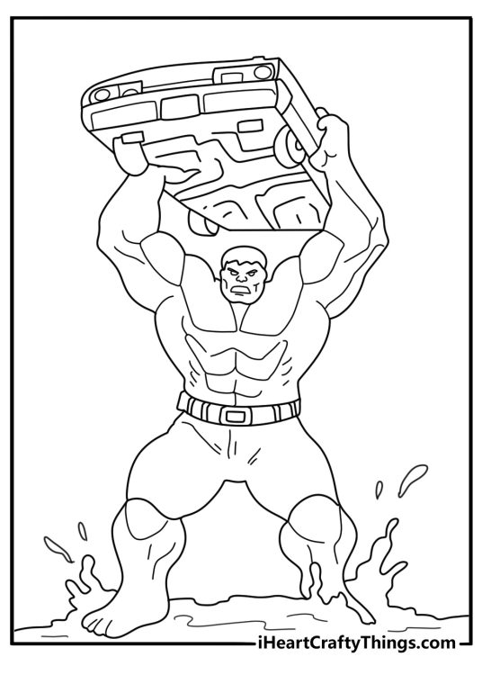The Hulk coloring page with Hulk carrying a broken car above his head