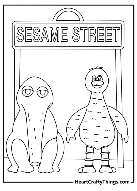 The Sesame Street sign stands above Big Bird and Snuffy in this printable