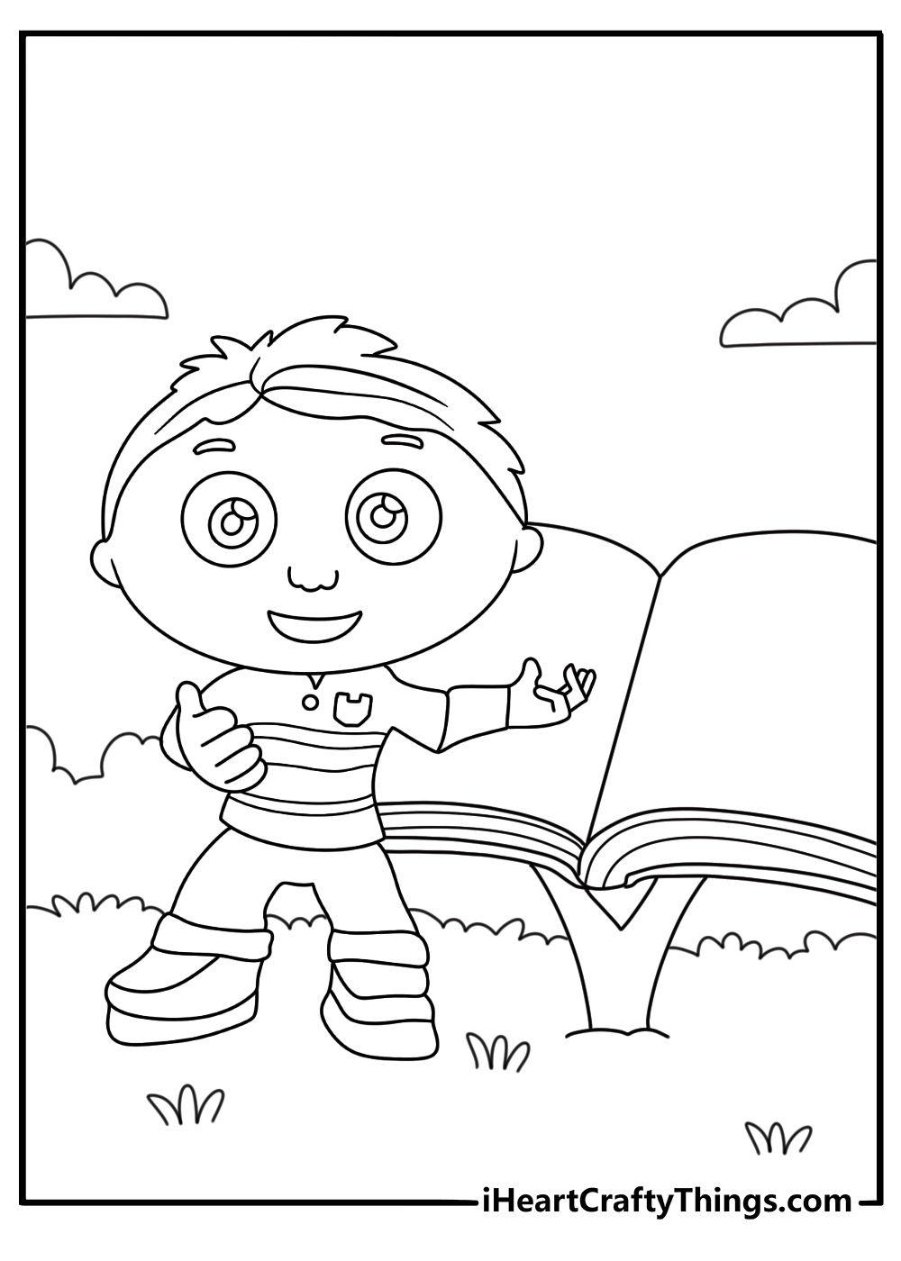 The Super Readers open a giant storybook in this coloring page