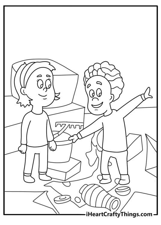 The children stand beside a messy room in this printable story scene