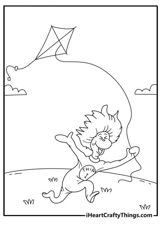 Thing 1 flies a kite indoors in this playful printable coloring sheet