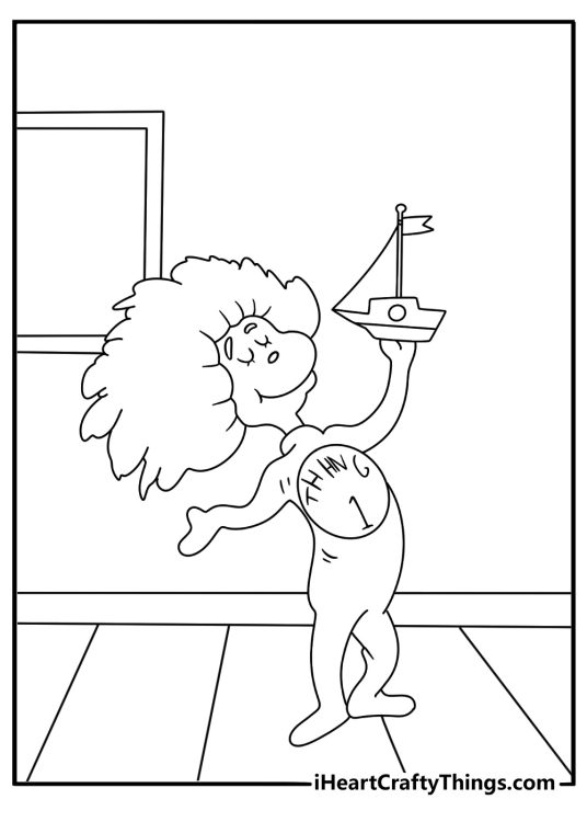 Thing 2 carries a toy boat across the room in this cartoon coloring sheet